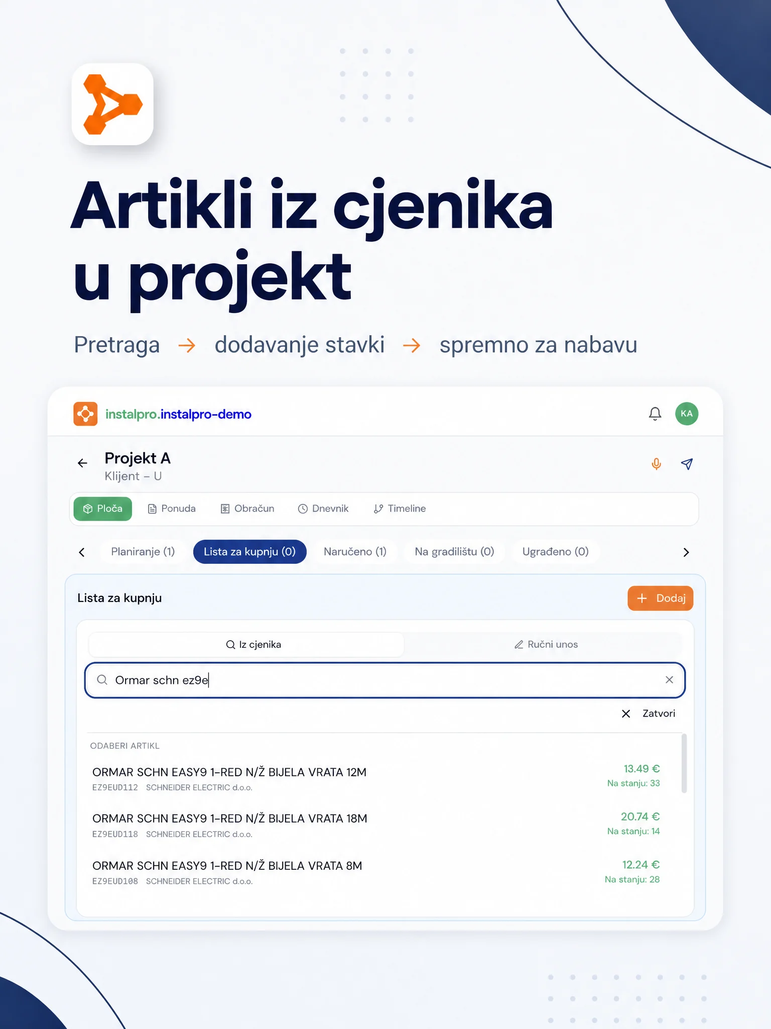Artikli iz cjenika u projekt — pretraga i dodavanje stavki